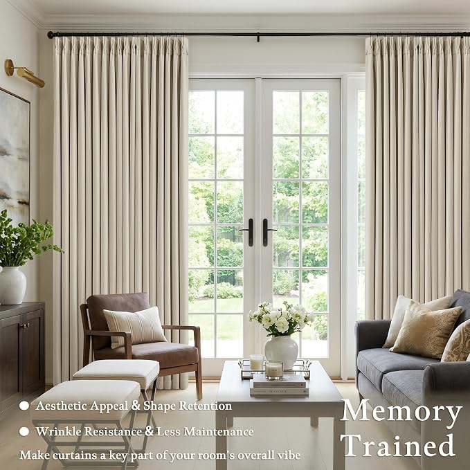 Oatmeal Beige Extra Wide Blackout 60 x 90 Inch Pinch Pleat Curtains 1 Panel | 100% Black Out, Room Darkening Sound Dampening, for Sliding Patio Door Large Window Bedroom, Pinch Pleated with Back Tab