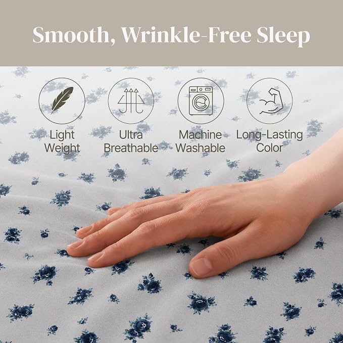 Modern Threads 4-Piece Ultra Soft Microfiber Bed Sheets Set, Wrinkle Free Sheets with Deep Pockets Fitted Sheet, Flat Sheet & Pillowcases, Lightweight Breathable Bedding, Blue Roses, Queen