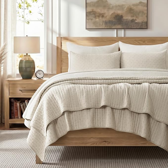 Cross Stitch Pre-Washed Cotton Quilt Bedding Set Queen Size, Oversized 3 Pieces Lightweight Bedspread Coverlet for All Season, with 2 Matching Shams, Birch, 92"x96"