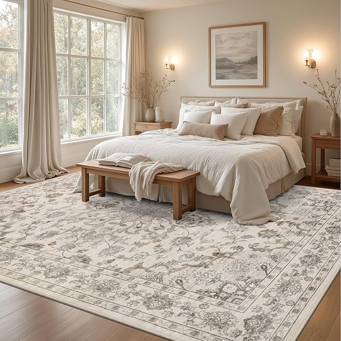 9x12 Area Rugs Living Room: Washable Rug for Bedroom Brown Beige | Vintage No Slip Stain Resistant Rug Soft Indoor Decor Floor Floral Area Rugs for Dining Room, Nursery, Hallway, Home Office