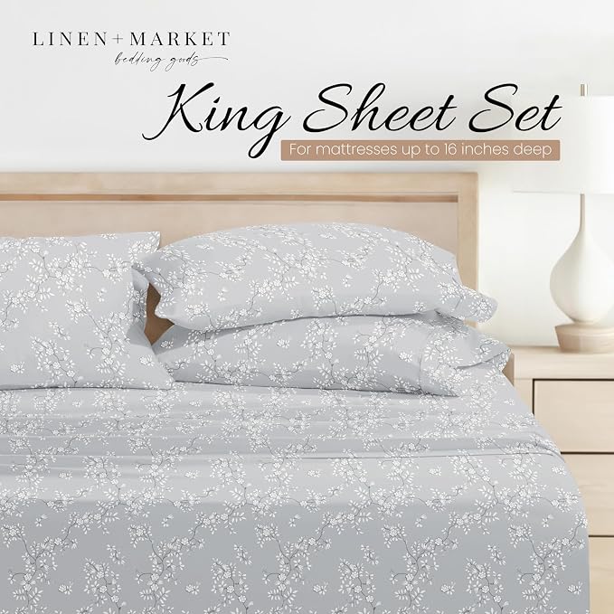 Linen Market Patterned Microfiber King Sheet Set 4 Piece – Oeko-TEX Certified Ultra Soft & Wrinkle-Free - 16" Deep Pocket Sheets - Easy Care King Size - Trellis Vine Light Gray