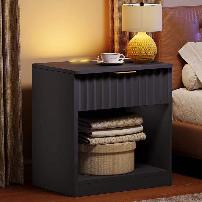 Fluted Nightstands Set of 2, Night Stand with Charging Station and LED Light, Nightstand with Storage Drawer and Open Shelf, Bedside Table for Small Space, Bedroom, Black