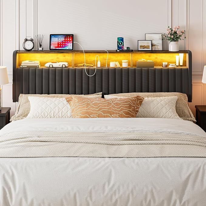 IKIFLY California King Storage Headboard Only, Adjustable Height, Black | Velvet Upholstered Cal King Head Board with LED Lights & Charging Station, Easy Assembly, Modern Freestanding Headboard