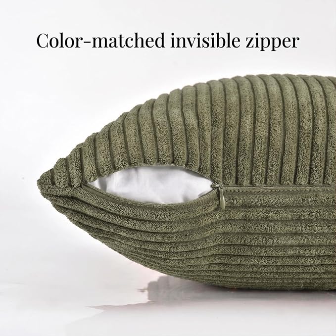 Fancy Homi 2 Packs Olive Green Long Lumbar Decorative Throw Pillow Covers 16x24 Inch for Couch Bed Sofa, Rustic Farmhouse Boho Home Decor, Soft Striped Corduroy Rectangle Accent Cushion Case 40x60 cm