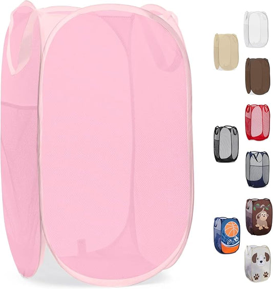 Handy Laundry Collapsible Mesh Pop Up Laundry Hamper with Side Pocket, Breathable & Space-Saving Foldable Basket for Clothes, Toys, Travel, Storage, 14 x 13 x 24 in, Pink