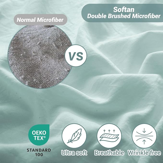 Softan Microfiber Queen Sheet Set with Non-Slip Corner Straps, Dusty Blue | 15" Deep Pocket Fitted Bed Sheets, Double Brushed Microfiber, Cozy Sheets & Pillowcase for All Season