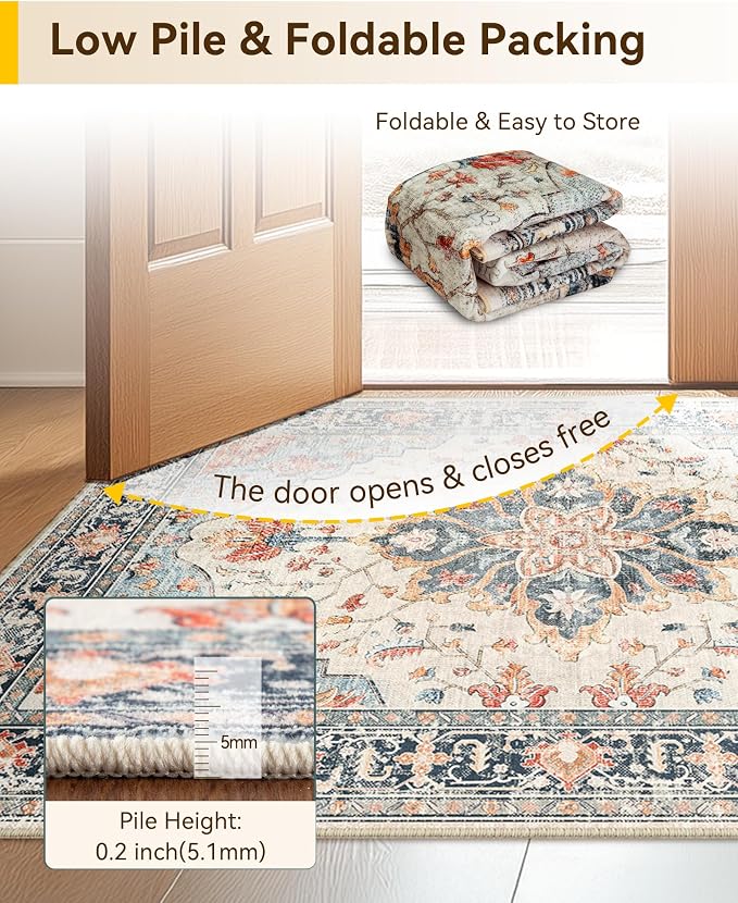 RELEANY Washable Area Rug, Runner 3'x10', Beige/Blue/Orange | Non-Slip, Water Repellent, Pet Friendly, Easy to Clean, Vintage Floral Boho Decor for Kitchen Hallway Laundry Living Room