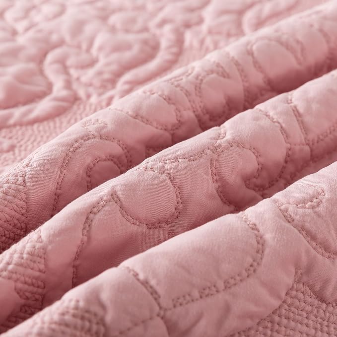 Quilt Bedspread Set, Pink Jacquard Embossed Floral Pattern Reversible Embroidered Microfiber Coverlet Sets, Queen Size