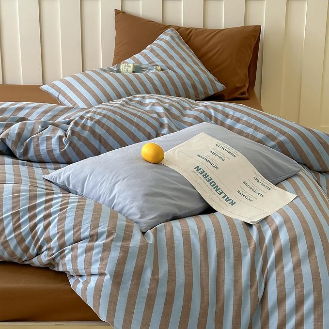 LifeTB Queen Comforter Set Vintage Striped Comforter Set, 3 Pieces Blue Brown Stripes Pattern Printed Comforter with 2 Pillowcases, Fluffy Soft Lightweight Retro Striped Bedding Set for All Seasons