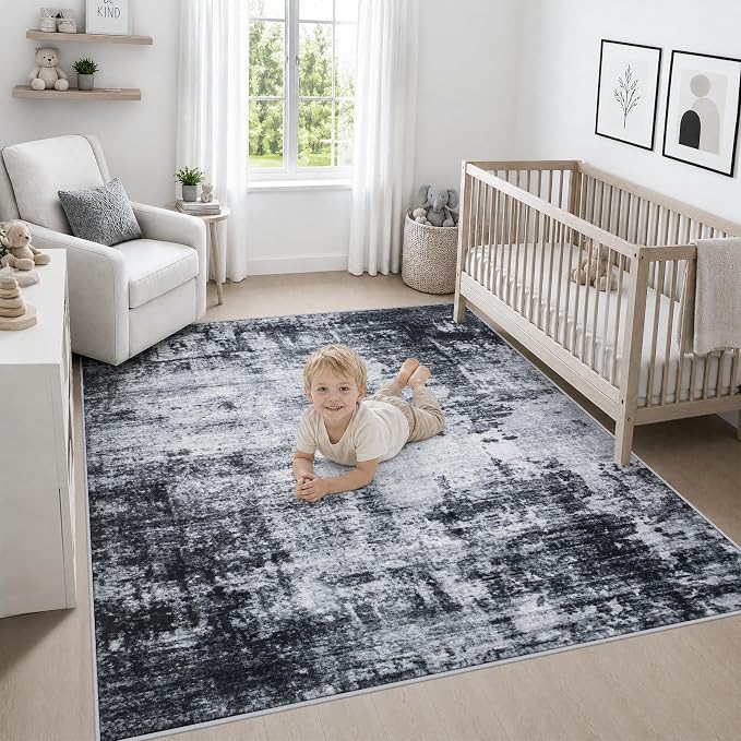 Area Rug Living Room: 8x8 Modern Washable Soft Carpet Dark Black | For Bedroom Dining Room Farmhouse Nursery Hallway Office,Modern Abstract,Machine washable,Non-Slip,Stain Resistant,Indoor