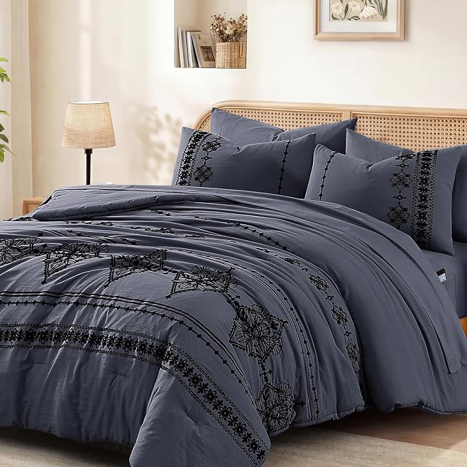 MaiRêve Full Size Comforter Set Embroidery Floral 7 Pieces Bed in a Bag | Crown Blue Boho Farmhouse Bedding Sets with Comforter, Sheets, Pillowcases & Shams