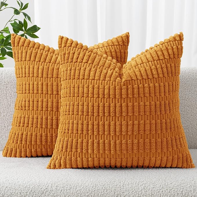 MIULEE Euro Fall Corduroy Decorative Throw Pillow Covers 24x24 Burnt Orange | Pack of 2 Sham Soft Boho Striped Pillow Covers Modern Farmhouse Autumn Home Decor For Sofa Living Room Couch Bed