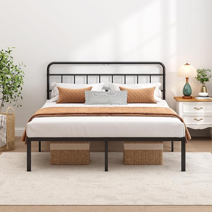 King Bed Frame with Classic Headboard, Black | Strong Metal Slats Support, Under Bed Storage Space, No Box Spring Needed, Easy to Assemble