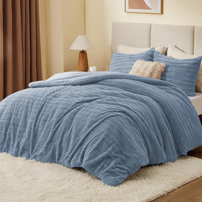 BEDELITE Faux Fur King Size Comforter Set, Fluffy Bed Set, Blue Fog | Super Soft & Warm, Luxury Fuzzy Cozy Comforter for Winter, Heavy Plush Bed set, with 2 Pillowcases