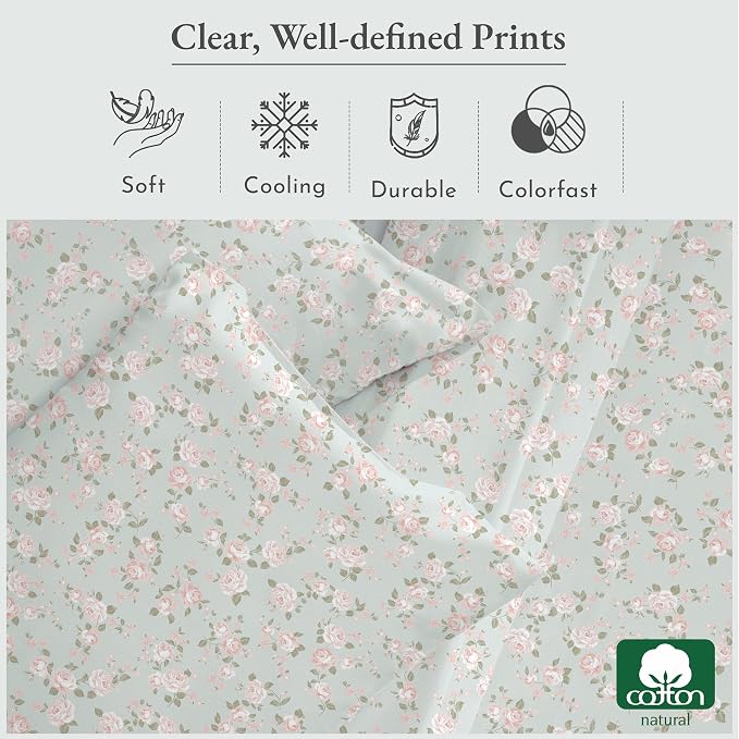 Soft Natural 100% Cotton Sateen Full Sheets, 4 Pc Set, Vintage Rose Print | Backed by Good Housekeeping Seal, Light & Breathable For Hot Sleepers, 14" Deep Pocket, All-Around Elastic, Durable