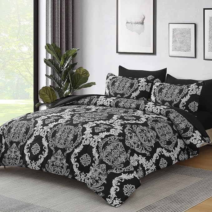 WONGS BEDDING 7 Pieces Comforter Set King Size, Black White Texture Bedding Set for All Season, Damask Soft and Breathable Bed in a Bag with Comforter, Flat Sheet, Fitted Sheet, Pillowcases & Shams