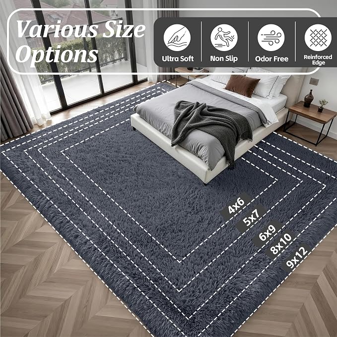 Area Rug Living Room Bedroom: 6x9 Fluffy Plush Shag Carpet Grey | For Kids Room Playroom Nursery Home Decor,Ultra Soft,Non-Slip Non-Shedding,Fuzzy Plush,Large Indoor Floor Carpet,Easy Clean