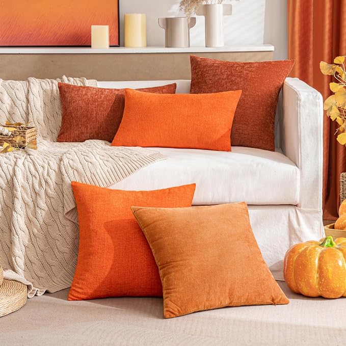 MIULEE Soft Chenille Fall Lumbar Throw Pillow Covers Orange 12x20 Inch | Pack of 2, Modern Fall Decor, Classic Decorative Pillows, Solid Dyed Cases, Couch Cushion Covers for Sofa Bed Living Room
