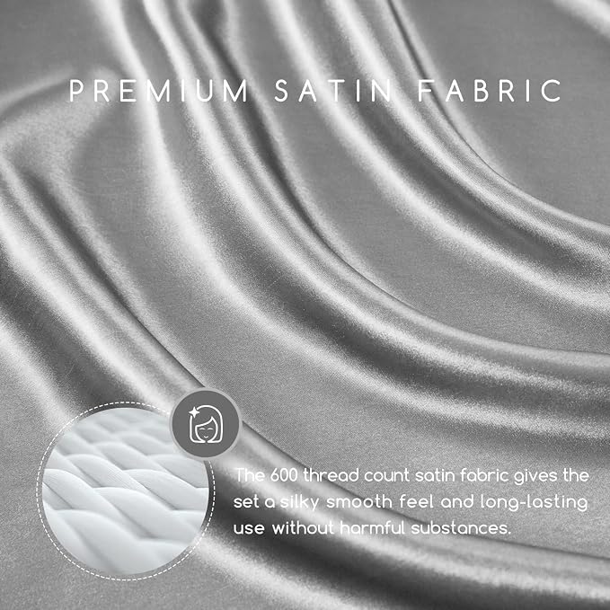 MR&HM Satin Sheets Queen Size with Elastic Corner Straps, Silver Grey | Similar to Silk, 4-Piece Silky Soft Bed Sheet Set, Gentle on Skin and Hair, 15" Deep Pocket, Cooling & Breathable