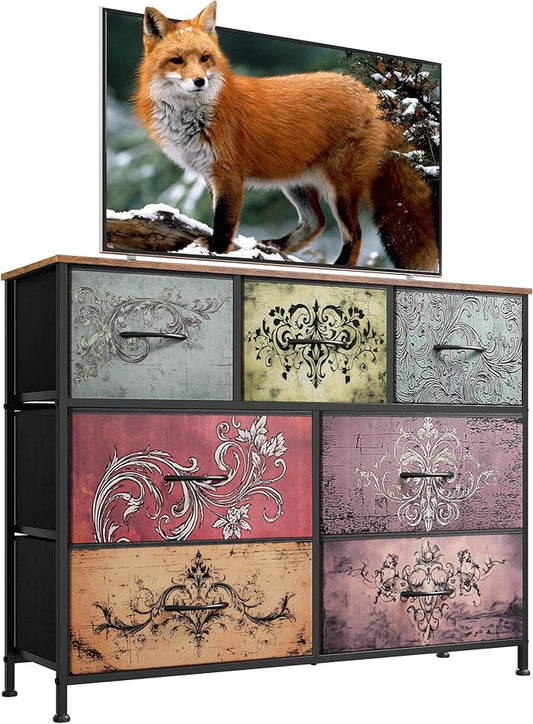 WLIVE Dresser for Bedroom, 7 Drawers, TV Stand, Pattern | 7 roomy fabric drawers, Fits TVs up to 45 inch, Bedroom or living room, Wide storage design, Chest of drawers