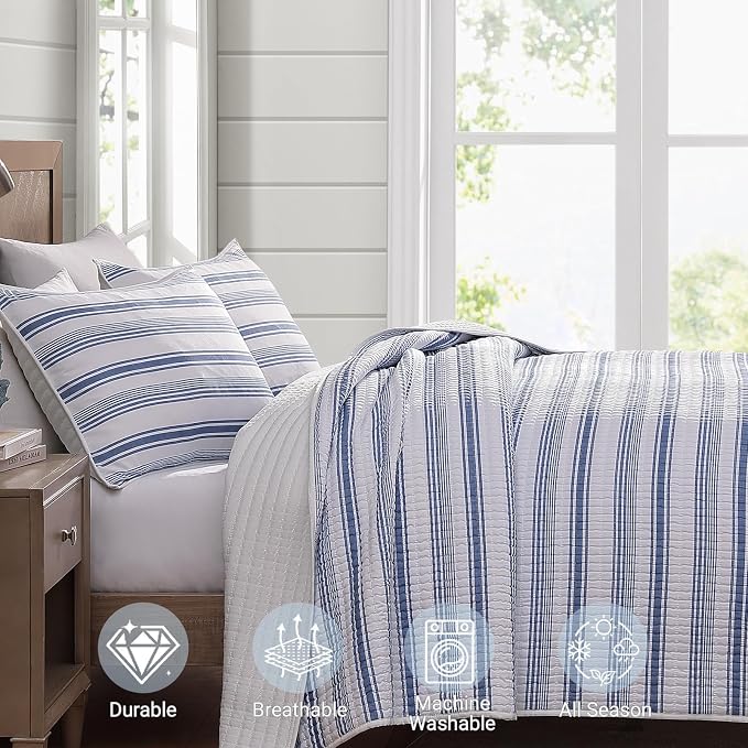 Queen Quilt-Lightweight Bedspread Quilt Queen Size Quilt Bedding Set | Soft Reversible Nautical Coverlet with 2 Shams for All Seasons, 3 Pieces, 90"x94"