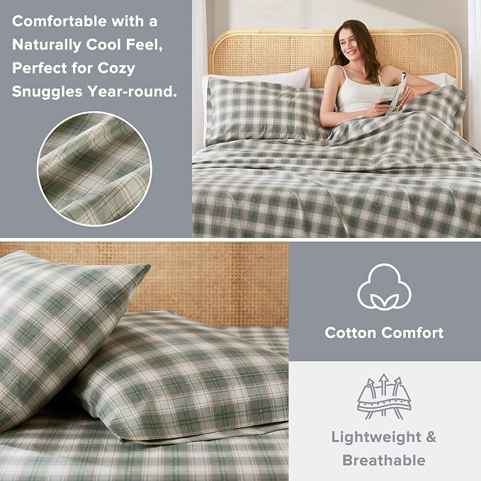 Comfort Spaces 100% Cotton Percale Sheets Twin XL Size 3 Pcs, Wesley Green | Crisp, Cool & Breathable Bed Sheets, 12" Deep Pocket Fits Up to 14" Mattress, Lightweight, All Season Cozy, with Pillow Case
