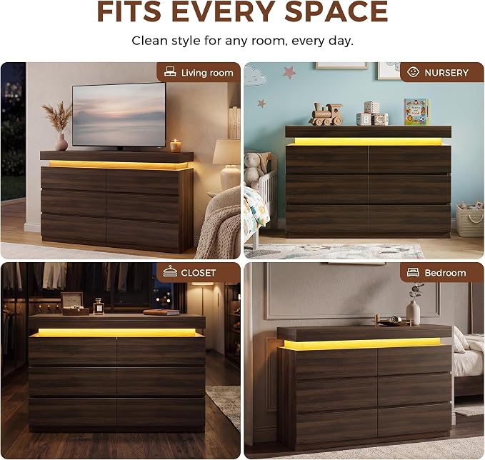 6 Drawer Dresser with LED Lights and Charging Station, Modern Brown Dresser | RGB Lights with App and Remote Control, Music Sync Mode, 6 Spacious Drawers and Durable MDF Storage for Bedrooms or Closets
