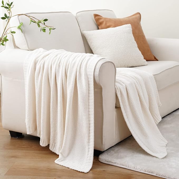 Chenille Throw Blanket for Couch, Knit Throw Blanket 51"x67", Ivory White | Shiny White Chenille Blanket, Neutral Throw Blanket, Soft Midweight Knitted Blanket for Sofa Bed Home Decor