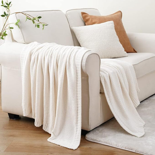 Chenille Throw Blanket for Couch, Knit Throw Blanket 51"x67", Ivory White | Shiny White Chenille Blanket, Neutral Throw Blanket, Soft Midweight Knitted Blanket for Sofa Bed Home Decor