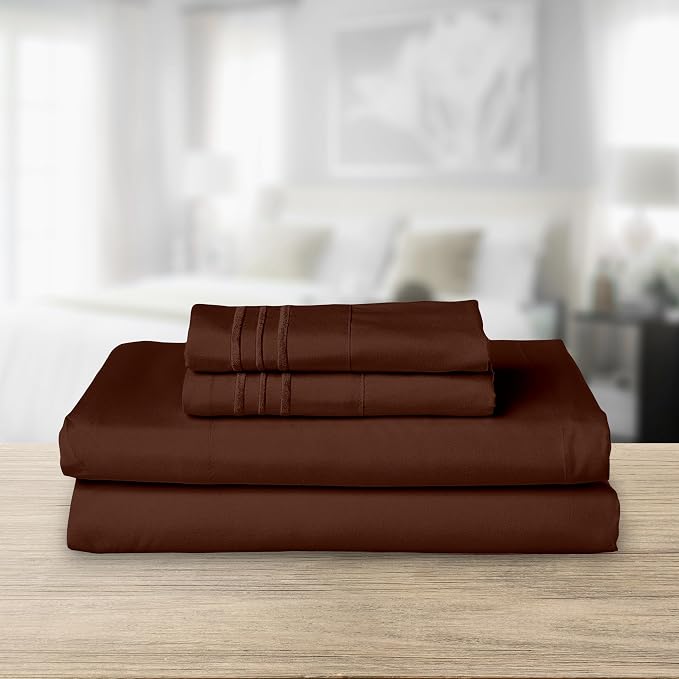 Elegant Comfort Luxurious 1500 Premium Hotel Quality Microfiber Three Line Embroidered Softest 4-Piece Bed Sheet Set, Wrinkle and Fade Resistant, Queen, Chocolate Brown