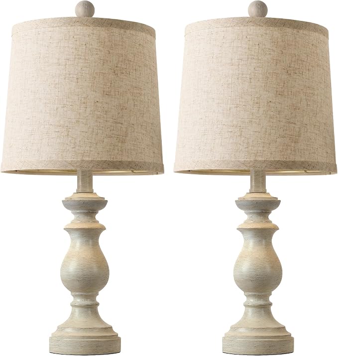 Traditional Table Lamp Set of 2, Rustic Farmhouse Table Lamps for Living Room Bedroom, 22" Bedside Desk Lamps Vintage Nightstand Lamps with Linen Shades, Antique White