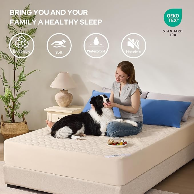 BEDLORE Waterproof Queen Size Mattress Protector, Deep Pocket Fit, Washable | Soft Noiseless Breathable Bed Mattress Cover Pad, Fits 6-18 Inch Deep Mattresses, Ideal for Home, Bedroom, Hotel, Beige