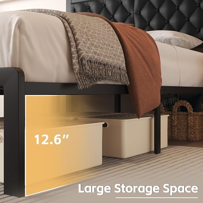 Fluest Full Bed Frame with Headboard PU Leather Upholstered Bed Frame Platform,All Metal Slats Support Platform Bed Frame with Storage Space,Easy Assembly,Noise Free,No Box Spring Needed,Black