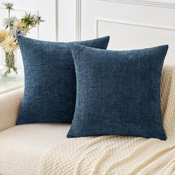 MIULEE Soft Chenille Throw Pillow Covers Blue 20x20 Inch Pack of 2 | Modern Coastal Home Decor, Classic Decorative Pillows, Solid Dyed Cases, Boho Couch Cushion Covers for Sofa Bed Living Room