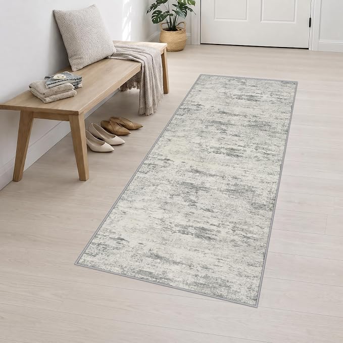 2.6x8 Washable Runner Rug：Modern Abstract Kitchen Soft Carpet Gray | For Hallway, Bedroom, Kitchen, Laundry, Bathroom,Door Mat,Modern Abstract,Machine washable,Non-Slip,Stain Resistant,Indoor