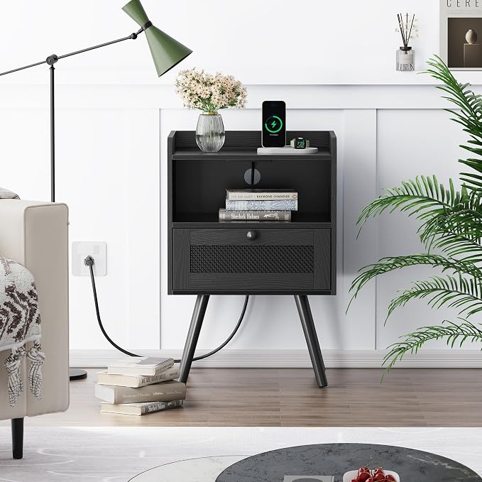 SUPERJARE Nightstands with Charging Station, Set of 2, All Black | Bedside Table with Texilene Surface Drawers, Rattan Side Table with Storage & Solid Wood Feet, End Table for Bedroom