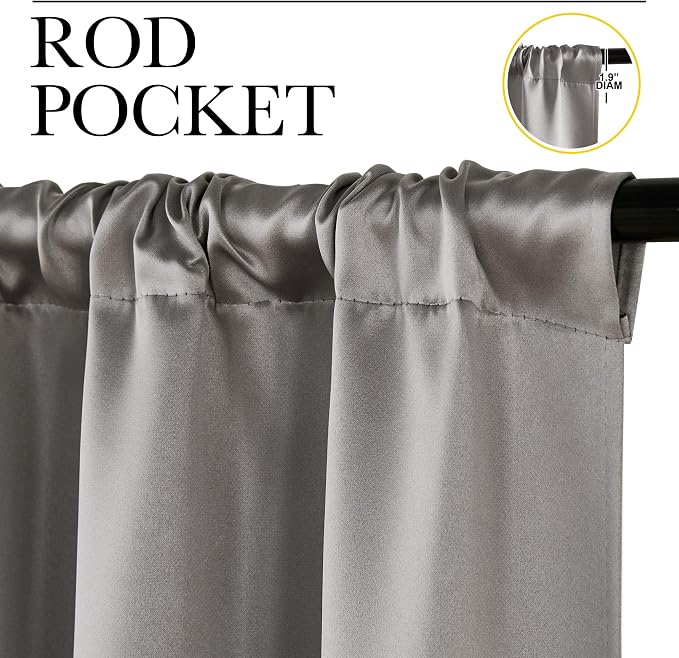 NICETOWN Chrome Gray Room Darkening Curtains for Cafe 42" x 63" 2 Panels | Blackout Satin Curtains for Small Windows Rod Pocket Privacy Drapes for Play Room, Light Blocking Noise Reducing Home Decor
