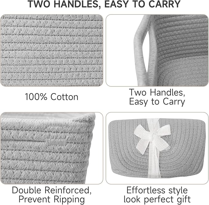 3 Pack Small Storage Baskets for Organizing, 11.8×7.8×5.1", Grey | Woven Baskets for shelves, Cotton Rope Basket for Gifts Empty, Closet Organizer Bins with Handles, Cube Decorative Box