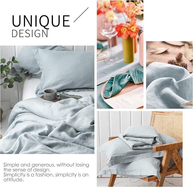 Simple&Opulence 100% Linen Duvet Cover Set 2pcs Basic Style Natural French Washed Flax Solid Color Soft Breathable Farmhouse Bedding with Button Closure - Dusty Blue, Twin
