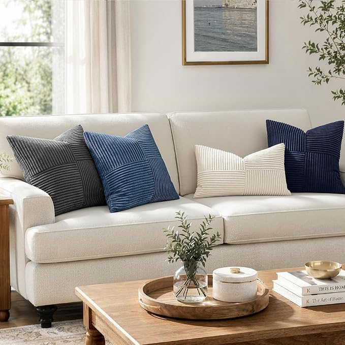 MIULEE Dusty Blue Decorative Euro Sham Pillow Covers 24x24 Inch 2 Pack | Coastal Boho Farmhouse Pillow Covers, Soft Cross Corduroy Patchwork Textured Cushion Cases For Couch Bed Sofa