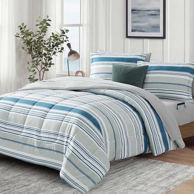 Monbix Queen Comforter Set-7 Pieces Striped Bed in a Bag Queen Bedding Sets | All Season Royal Blue Reversible Soft Comforter Bed Set with Sheets, Pillowcases & Shams