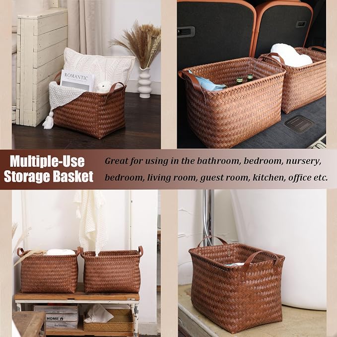 BROWNLILY Handwoven Clothes Basket Laundry Hampers Large Wicker Storage Baskets for Shelves Blankets Closet Storage Bins Car Bedroom Bathroom Organizers and Storage Bath (6, Brown)