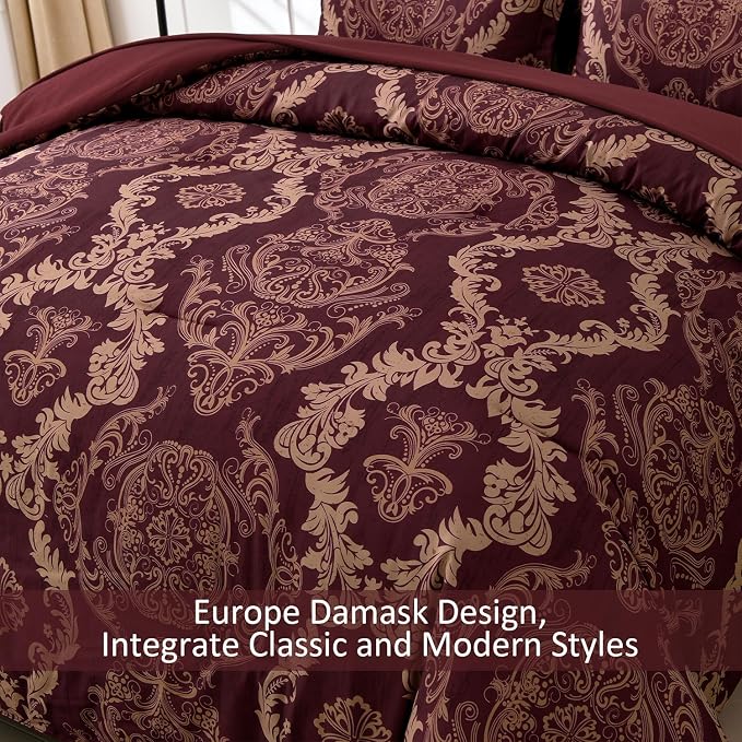 WONGS BEDDING Burgundy Comforter Set Queen Size, Maroon Damask Texture 7 Pieces Bed in a Bag Microfiber Comforter Bedding Sets -1 Comforter, 1 Flat Sheet, 1 Fitted Sheet, 2 Pillow Shams, 2 Pillowcases