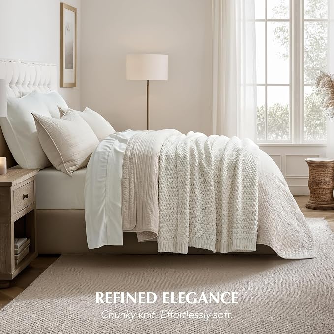 EVERGRACEHOME Chunky Chenille Knit Throw Blanket, 50 x 60, Bright White | Sculpted Moss Stitch, Chic Modern Farmhouse, All-Season Warmth, OEKO-TEX® Certified, Elegant Blanket for Couch, Bed, Sofa