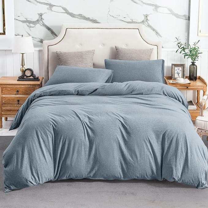 PURE ERA Jersey Knit Sheet Set Heather Blueish Grey California King | 100% Cotton, 3 Piece Set, T Shirt Soft, Breathable, Envelope Closure Pillowcases, Hidden Zipper, 8 Ties, No Insert, Modern