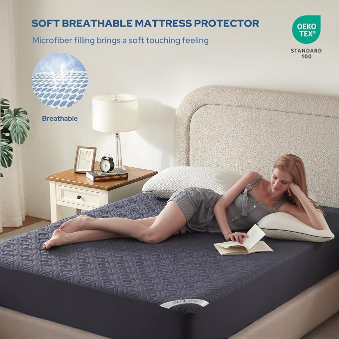 BEDLORE Waterproof Mattress Protector, Queen Size Mattress Pad with Deep Pocket 6"-18" Depth, Soft Dirt-Proof Double Bed Mattress Cover for Bedroom, College Dorm, Hotel (Navy Blue)