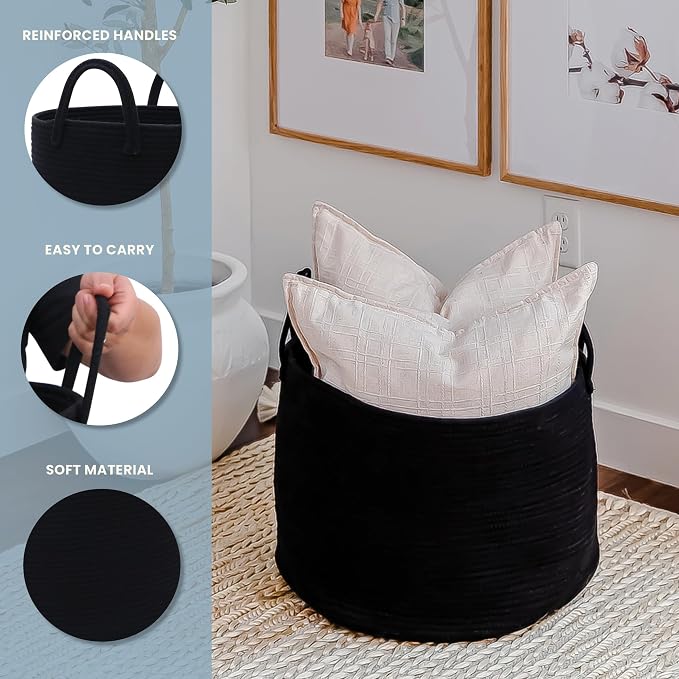 OrganiHaus Round Toy Basket & Blanket Basket, Cotton Rope 20x13" | Full Black - Round Cotton Rope Basket, 20x13"