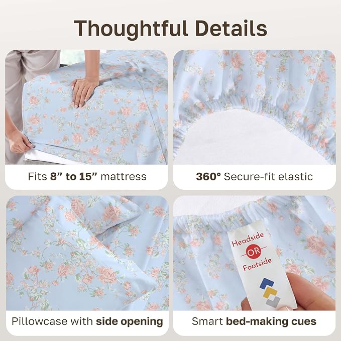 California Design Den Soft 100% Cotton Sateen Twin XL Size Bedsheets, 3 Pcs | 400 Thread Count Backed by Good Housekeeping Seal, All-Around Elastic, Durable, Easy Care, 3 Pc Set - Floral Blue/Pink Print