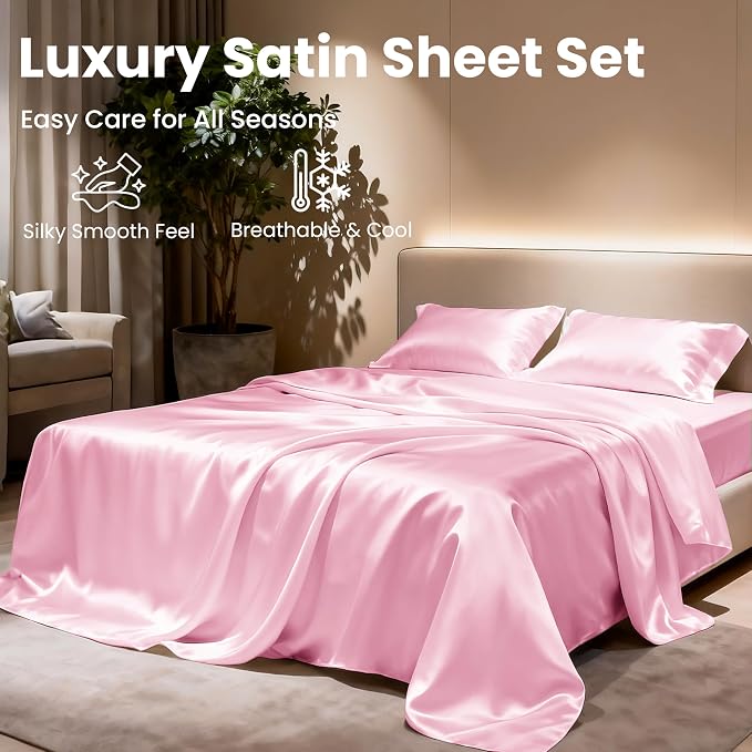 Love's cabin Full Size Satin Sheet Sets - 4 Piece Pink Silky Sheet Set Full with Deep Pocket, Luxury Silk Feel Bed Sheets Full Bedding Set (1 Flat Sheet,1 Fitted Sheet,2 Pillow Cases)