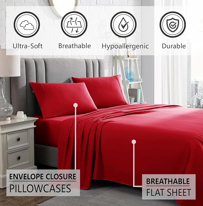 American Home Collection Queen Sheet Set - Ultra-Soft Microfiber 15-Inch Deep Pocket - Wrinkle Free and Fade Resistant (Red)
